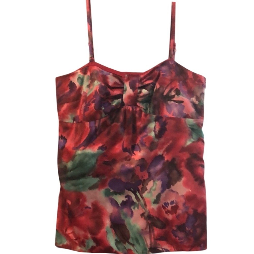 Ann‎ Taylor LOFT Floral Cami Top Red Purple Green Bow Sweetheart Neck Womens 8